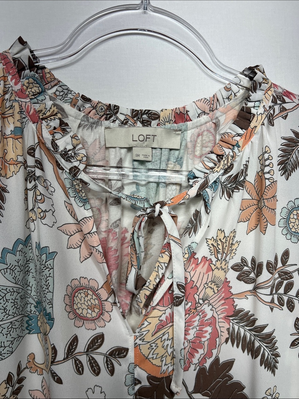 LOFT Floral Tie-Neck Sleeveless Camisole Blouse with Blue, Pink & Brown Accents - Picture 4 of 7